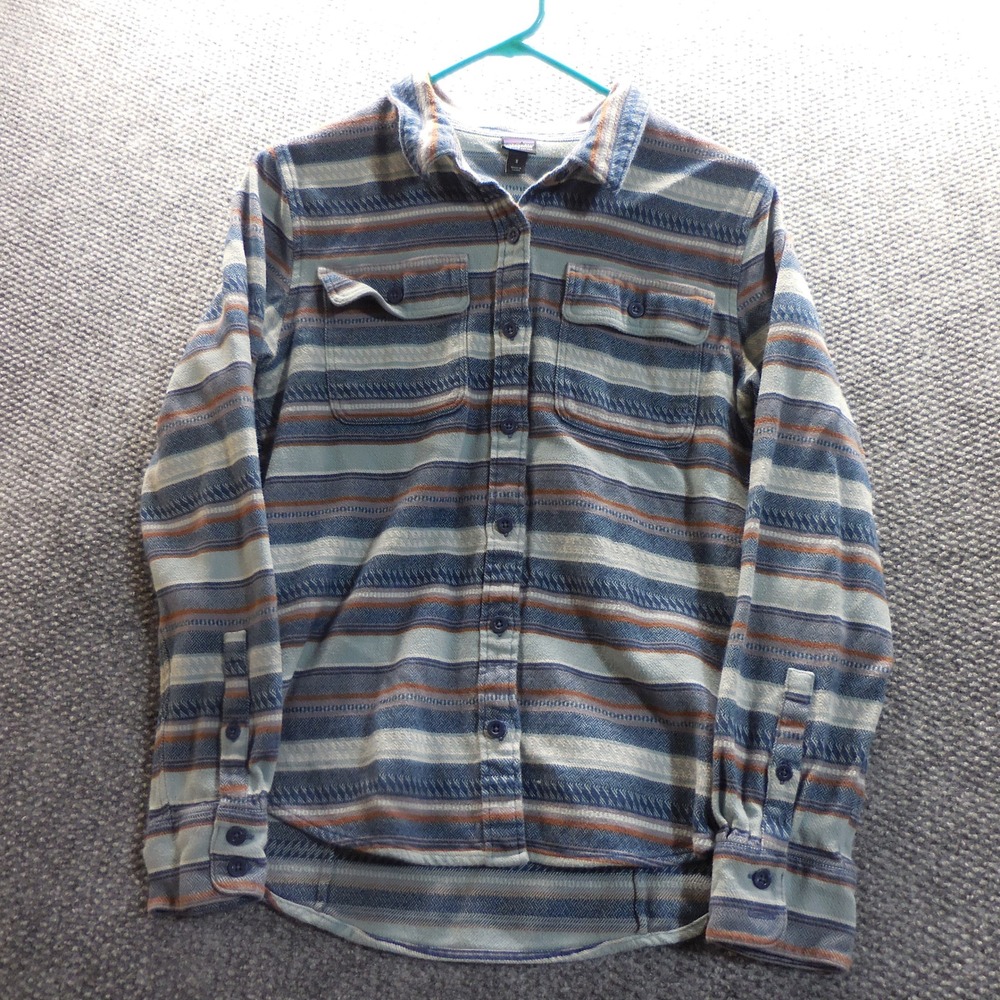 Patagonia Fjord Flannel Shirt Womens Small Blue Striped Organic Cotton FA18